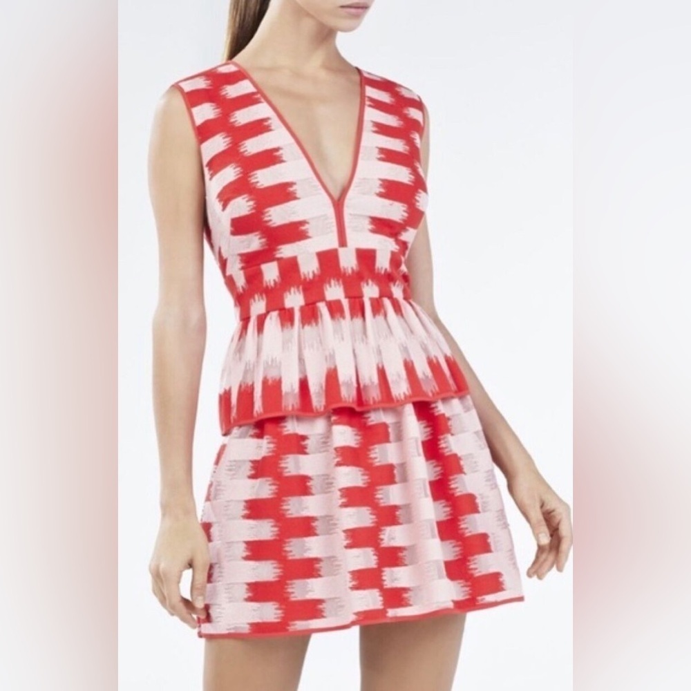 BCBG MaxAzria BCBG MaxAzria Pink and Red Ikat Print Peplum Cocktail Dress Size 2